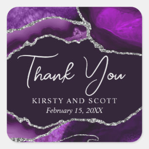 Sticker Carré Mariage à l'agate pailletée violet et argent