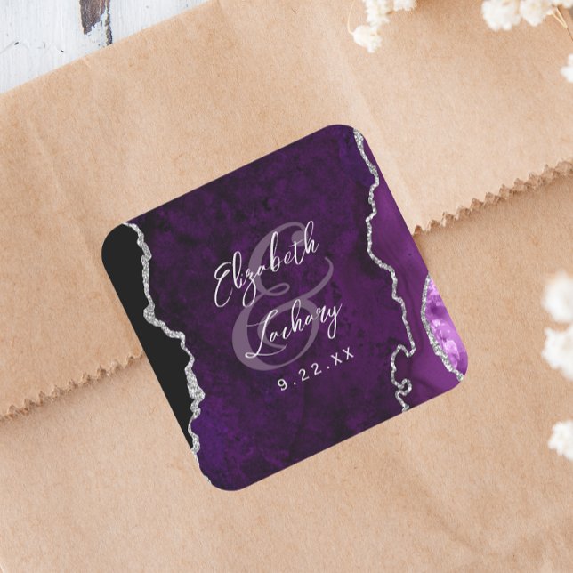 Sticker Carré Mariage à l'écriture en Agate Argent Violet (Créateur téléchargé)