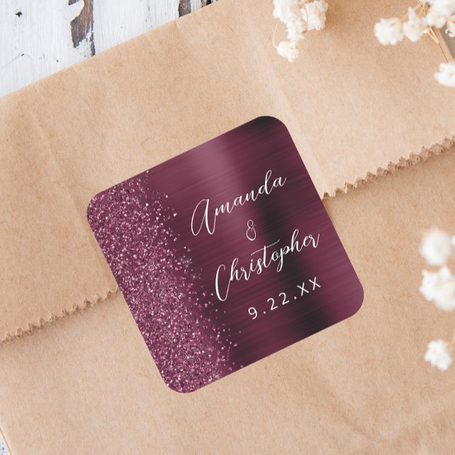Sticker Carré Mariage Agate Bourgogne Glitter Script (Créateur téléchargé)