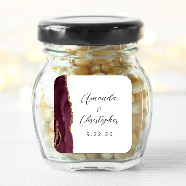 Sticker Carré Mariage Agate Bourgogne Or Script (Créateur téléchargé)