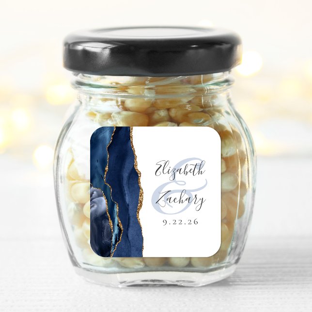 Sticker Carré Mariage Agate Géode Écriture Bleu Nuit Or (Créateur téléchargé)