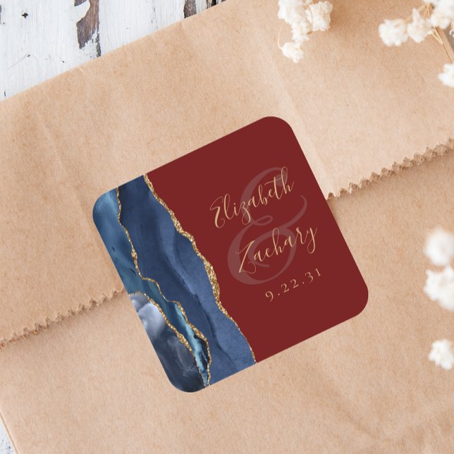 Sticker Carré Mariage Agate Géode Écriture Bleu Nuit Or Bourgogn (Créateur téléchargé)