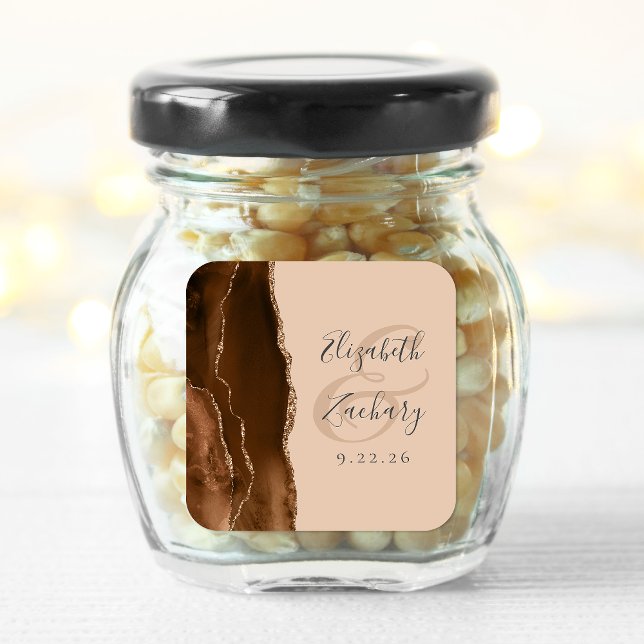 Sticker Carré Mariage Agate Géode Écriture Brun Mocha Brun Doré (Créateur téléchargé)