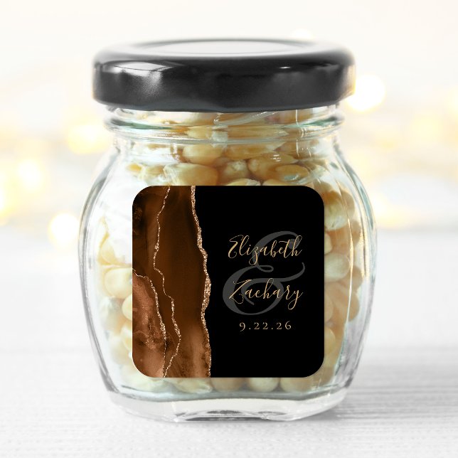 Sticker Carré Mariage Agate Géode Écriture Mocha Brun Or Noir (Créateur téléchargé)