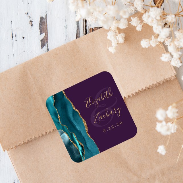 Sticker Carré Mariage Agate Geode Écriture Turquoise Or Violet (Créateur téléchargé)