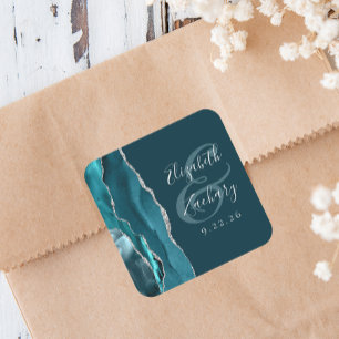 Sticker Carré Mariage Agate Geode Script Bleu Canard Argent