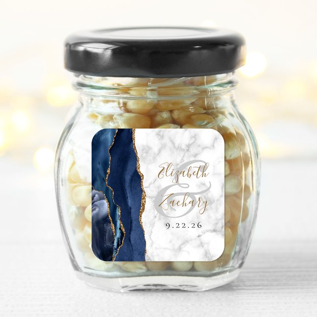 Sticker Carré Mariage Agate Marbre Bleu Nuit Or Script (Créateur téléchargé)