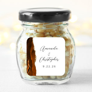 Sticker Carré Mariage Agate Orange Brûlé Or Script