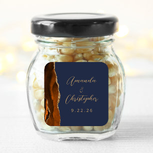 Sticker Carré Mariage Agate Orange Brûlé Or Script Bleu Nuit