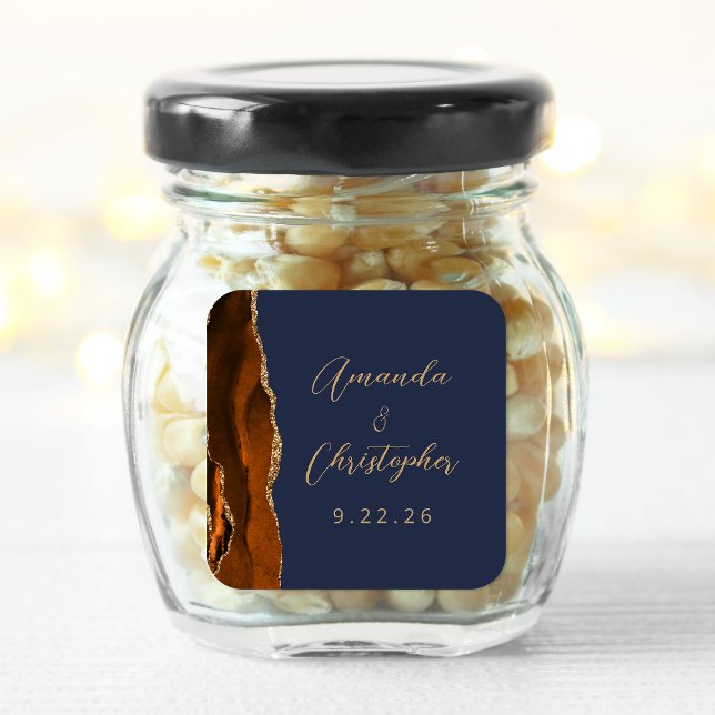 Sticker Carré Mariage Agate Orange Brûlé Or Script Bleu Nuit (Créateur téléchargé)