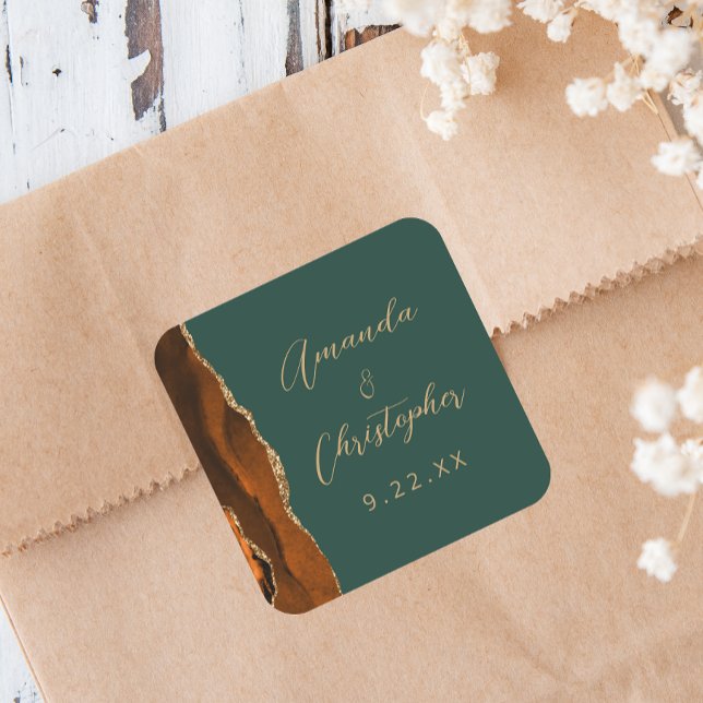 Sticker Carré Mariage Agate Orange Brûlé Or Vert Foncé Script (Créateur téléchargé)