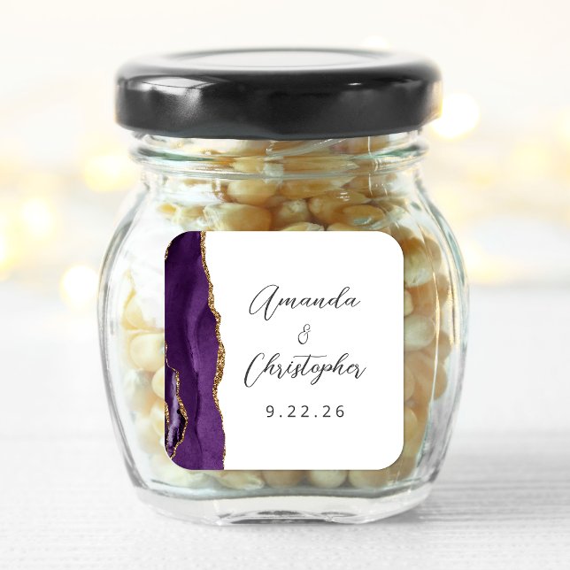 Sticker Carré Mariage Agate Purple Gold Script (Créateur téléchargé)