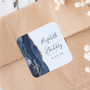 Sticker Carré Mariage Agate Script Bleu Nuit Bleu Pâle Or