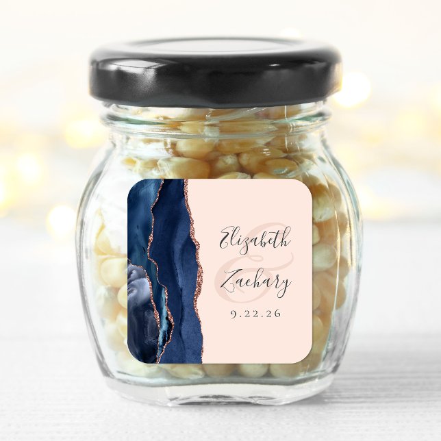 Sticker Carré Mariage Agate Script Bleu Nuit Rose Doré Blush (Créateur téléchargé)