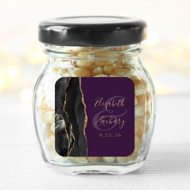 Sticker Carré Mariage Agate Script Noir Or Profond Violet (Créateur téléchargé)