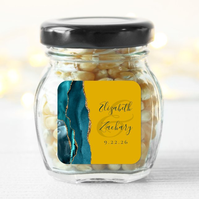 Sticker Carré Mariage Agate Script Sarcelle Or Jaune Moutarde (Créateur téléchargé)