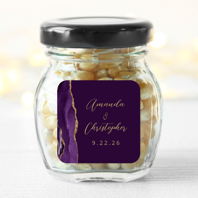 Sticker Carré Mariage Agate Violet Or Script Prune (Créateur téléchargé)