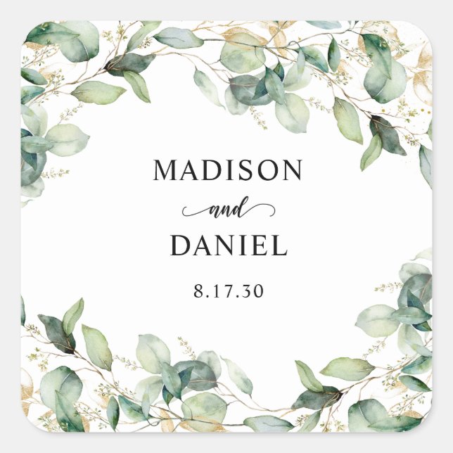 Sticker Carré Mariage aquarelle Eucalyptus Or  (Devant)