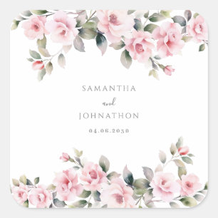 Sticker Carré Mariage aquarelle fleurs roses