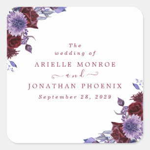 Sticker Carré Mariage aquarelle florale violet et blanc