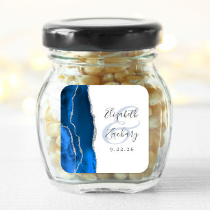 Sticker Carré Mariage Argent Bleu Royal Script Géode d'Agate
