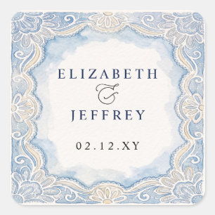 Sticker Carré Mariage Argent Vieilli Dentelle Bleu Poussiéreux