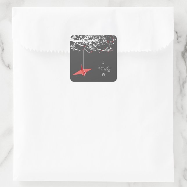 Sticker Carré Mariage asiatique Chic Rouge Origami Papier Grue (Sac)