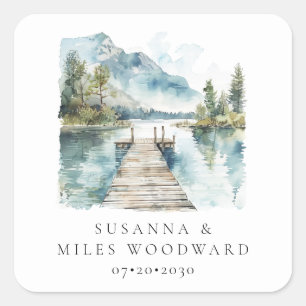 Sticker Carré Mariage au lac de montagne Aquarelle Forêt Arbres