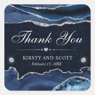 Sticker Carré Mariage au marbre pailleté bleu et argent