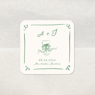 Sticker Carré Mariage au Ruban Vert Dessiné à la Main de Manière