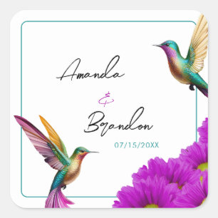Sticker Carré Mariage aux Colibris Colorés et Daises Violettes