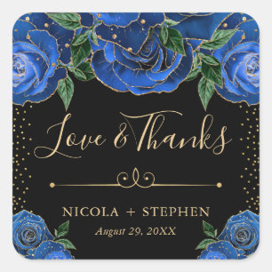 Sticker Carré Mariage aux roses glamour bleu et or aquarelle