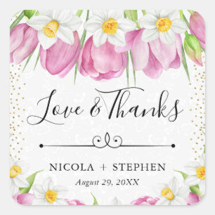 Sticker Carré Mariage aux Tulipes et Jonquilles Rose Aquarelle