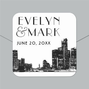 Sticker Carré Mariage avec monogramme et vue panoramique de Détr