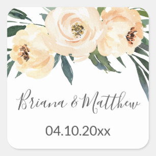 Sticker Carré Mariage Blanc Beige Floral Favorisant le Carré