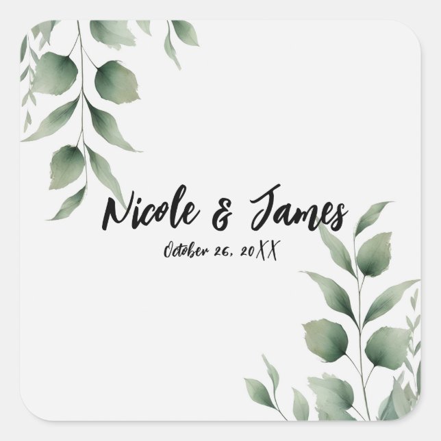 Sticker Carré Mariage Blanc Moderne avec Feuillage Minimal (Devant)