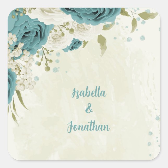 Sticker Carré mariage bleu blanc fleurs verdure (Devant)