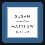 Sticker Carré Mariage bleu de la marine frontalière classique<br><div class="desc">Un autocollant mariage simple mais classique personnalisé en bleu marine. Utiliser comme sceau d'enveloppe ou étiquette de faveur. Modifiez vos informations à l'aide du formulaire modèle.</div>