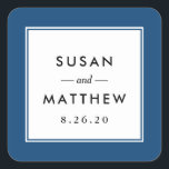 Sticker Carré Mariage bleu de la marine frontalière classique<br><div class="desc">Un autocollant mariage simple mais classique personnalisé en bleu marine. Utiliser comme sceau d'enveloppe ou étiquette de faveur. Modifiez vos informations à l'aide du formulaire modèle.</div>