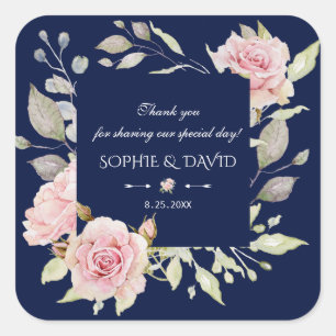 Sticker Carré Mariage bleu marine à fleurs rose pâle