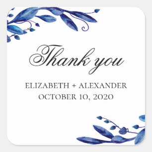 Sticker Carré Mariage bleu merci. Aquarelle marine florale