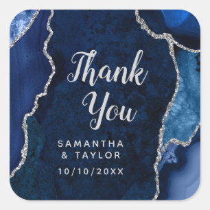 Sticker Carré Mariage Bleu Nuit et Agate Argentée Remerciements