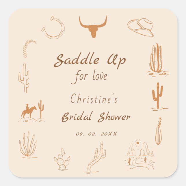 Sticker Carré Mariage bohème western Cowboy Saddle up Enterremen (Devant)