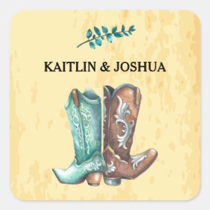 Sticker Carré Mariage Boots Cowboy 🤠 Monogramme Rustique Occide