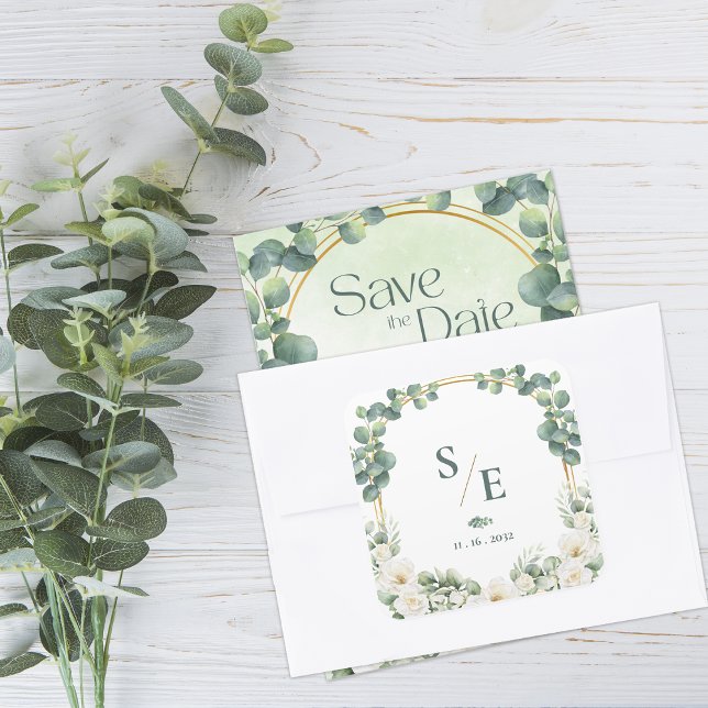 Sticker Carré Mariage botanique à monogramme de eucalyptus verdo (Greenery Eucalyptus Monogram Botanical Wedding Square Sticker)