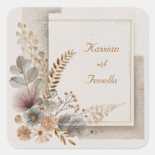 Sticker Carré Mariage Botanique en Terre Cuite Taupe Atténuée