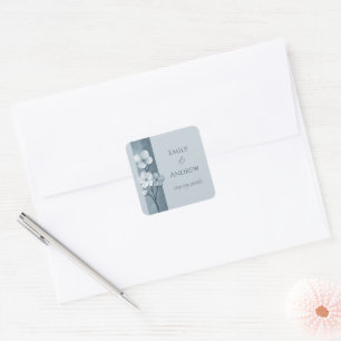 Sticker Carré Mariage Botanique Floral Bleu Poussiéreux Dessiné