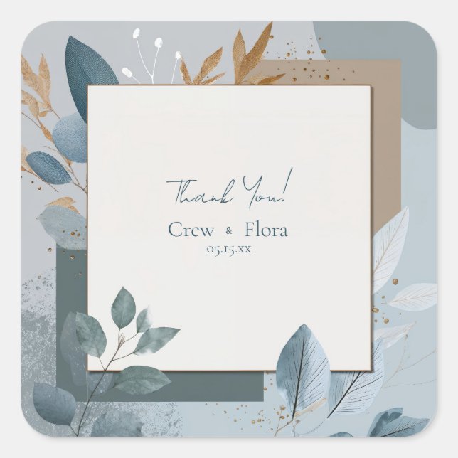 Sticker Carré Mariage botanique géométrique moderne bleu et or (Devant)