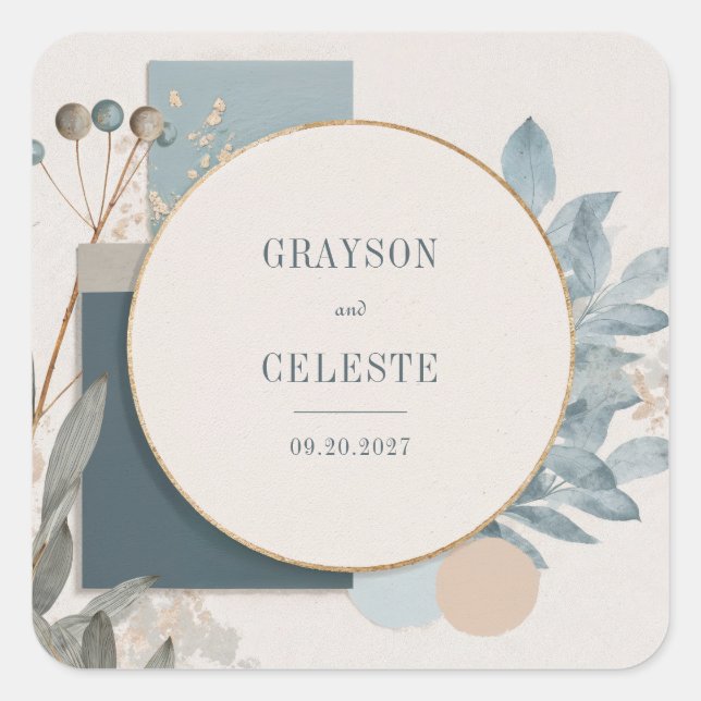 Sticker Carré Mariage botanique géométrique moderne Blue Gold (Devant)
