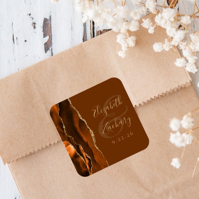 Sticker Carré Mariage Brun Orange Brûlé Agate Or (Créateur téléchargé)